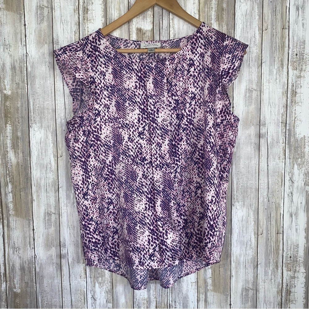 Tahari Purple Pleated Print Blouse